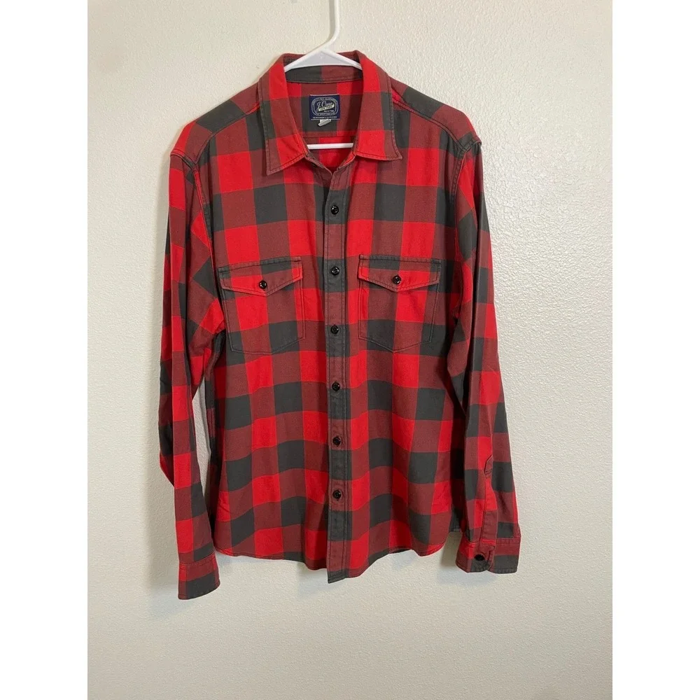 J Crew Men's Large Red Gray Buffalo Plaid‎ Flannel Long Sleeve Button Up